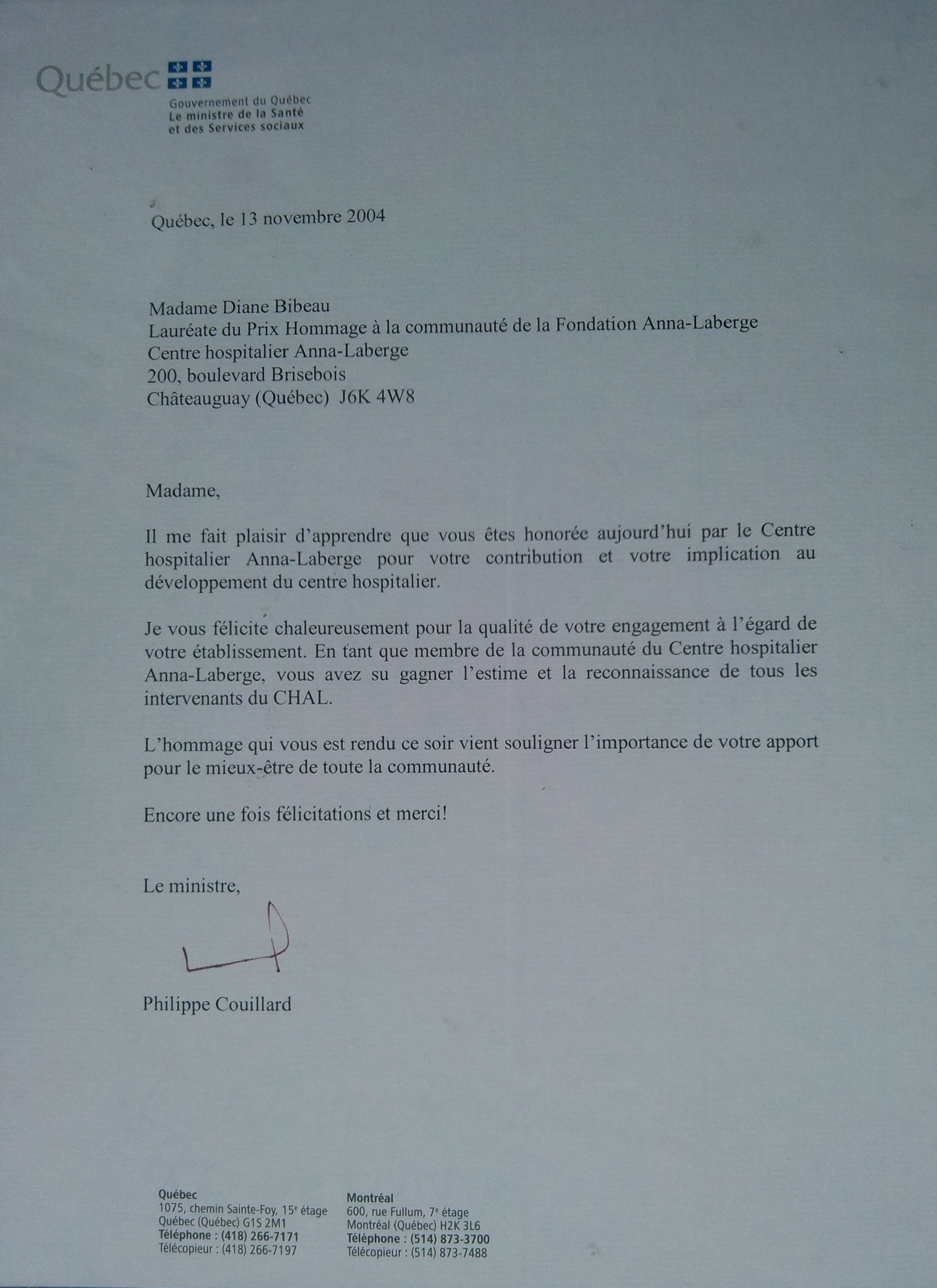 Lettre du ministre de la sante et des services sociaux